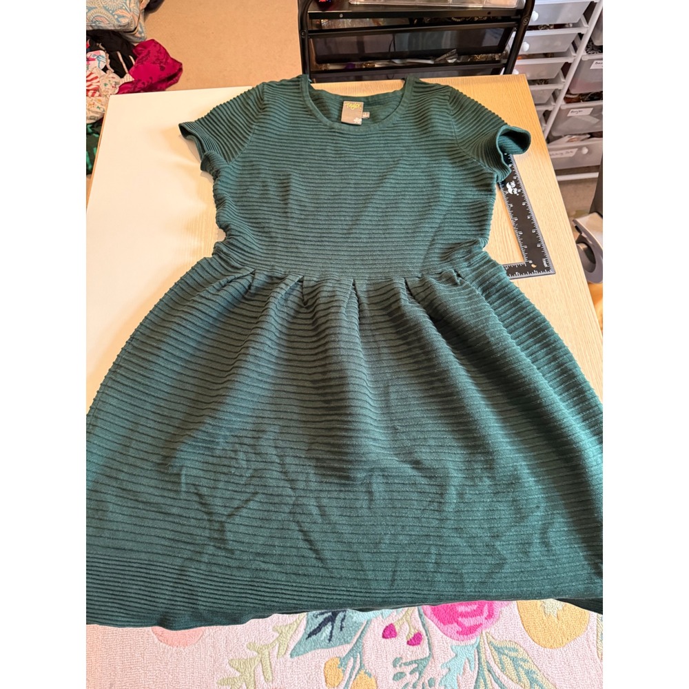 Taylor Womens Forest Green Ribbed Knit Fit Flare Short Sleeve Sweater Dress L